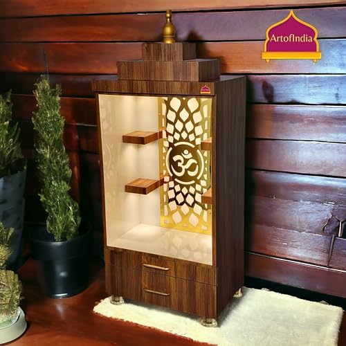 Image of White Wooden Pooja Mandir for Home & Office | Decorative Wooden Temple with Golden Om Jali, Warm LED Light (Brown)