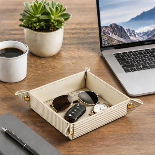 Image of YAPISHI Light Luxury Valet Tray for Men, PU Leather Vanity Jewelry Tray & Decorative Perfume Catchall, Folding Travel EDC Dump Tray, Nightstand Organizer Caddy for Keys, Watches, Coin Bowl Dish