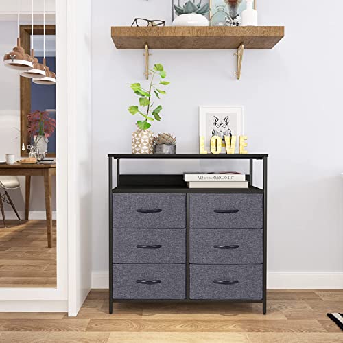 Lyncohome Dresser For Bedroom 6 Drawer Dresser With Shelves Fabric Dresser For Closet, Living Room Tv Stand Office Sturdy Steel Frame Wooden Top(Gray) #TOP3