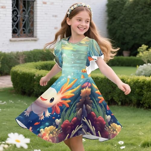 Girls Midi Dress Summer Ruffle Hem Short Sleeve A Line Swing Sundress for Daily Trip School 3-14Y4
