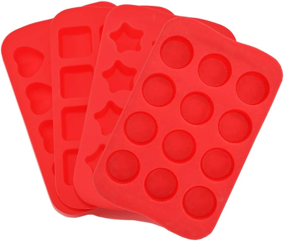 - Candy Chocolate Molds Silicone 4 Pack DIY Mold Use for Cake Jelly Gummy Pudding and Ice Cube Tray Including Hearts Stars Squares Round Mini Muffin Pan