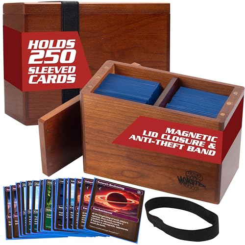 Monster Wooden Double Deck Box w Strong Magnetic Lid & Security Band- Premium Holds 250 Sleeved Cards- Compatible with All Trading Major TCG Games, Gift