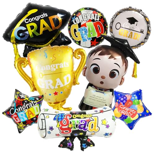 8 Pcs Graduation Balloons Class of 2026 Congrats Grad Foil Balloons Kindergarten Preschool Grad Cap Bear Diploma Trophy Mylar Balloon 2026 Graduation Party Decorations Supplies