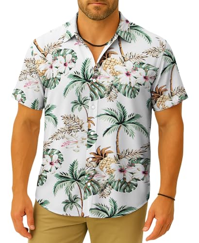 Weecreeture Floral Hawaiian Shirt for Men Summer Button Up Shirt Short Sleeve Mens Beach Tropical Casual Aloha Shirt XL White Pineapple
