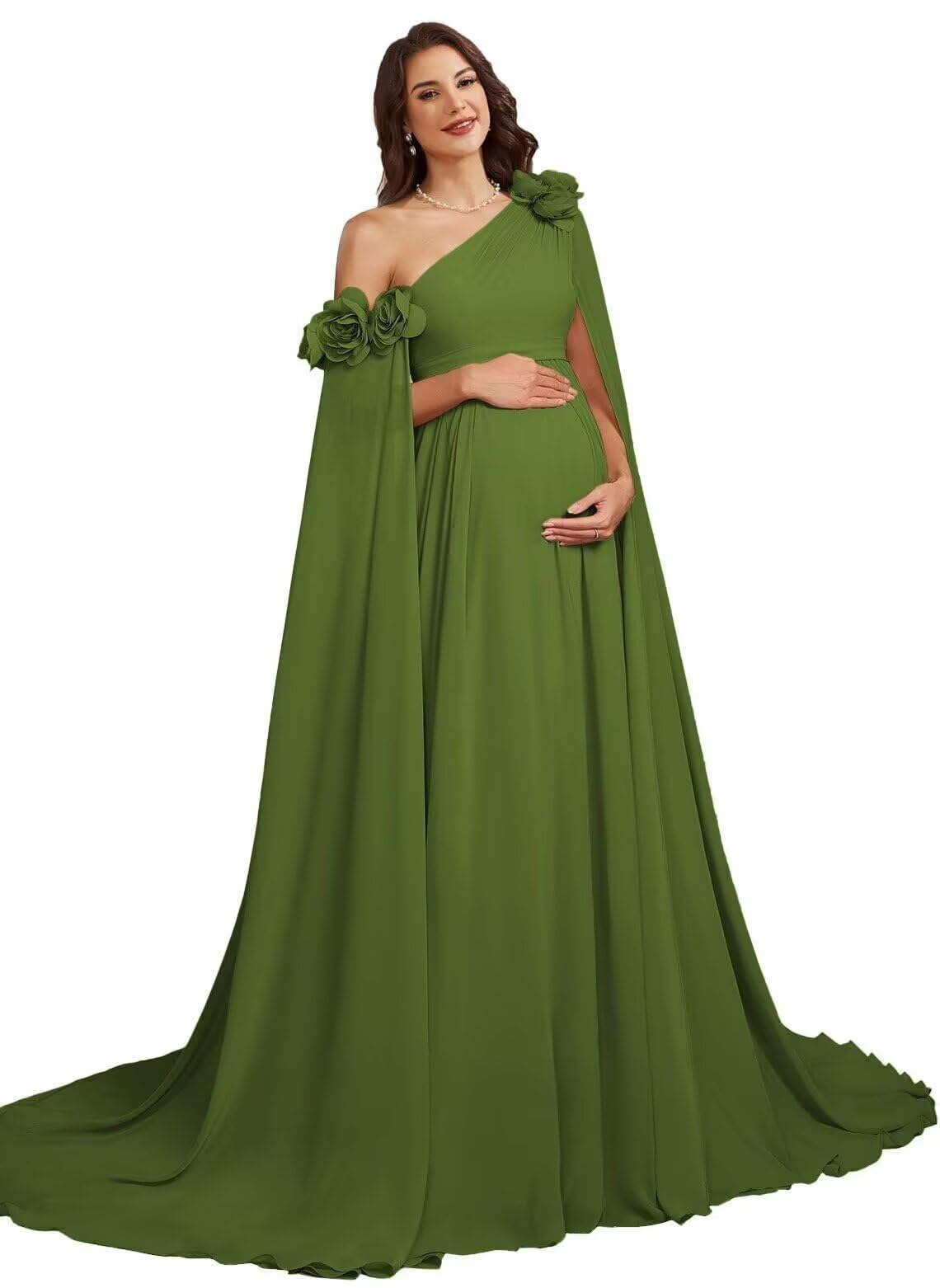 One Shoulder Chiffon Maternity Dresses for Photoshoot Cape Sleeve 3D Floral Long Photography Baby Shower Dress