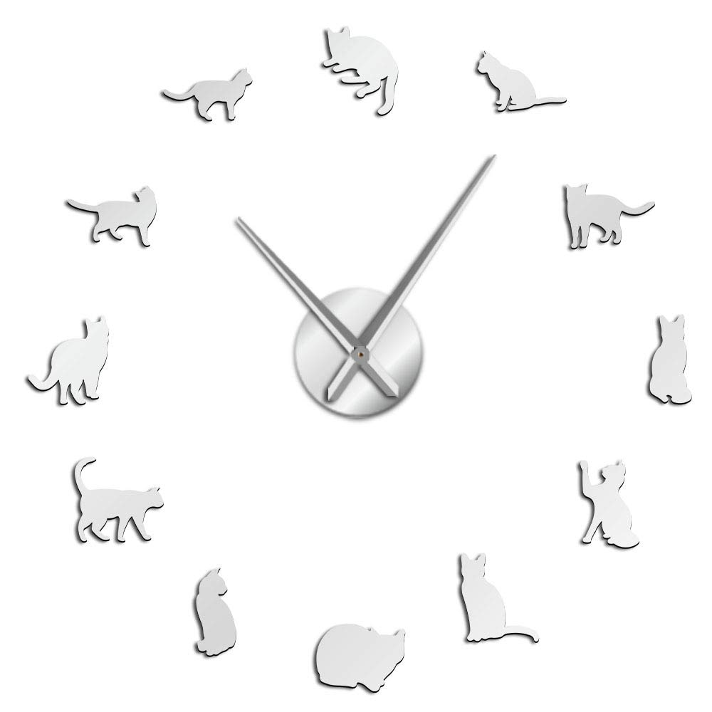 Vcs Girls Silver Silhouette Cats Wall Art Kittens Diy Giant Wall Clocks Playful Cats Big Needle Kitty Room Large Wall Clock(,27Inch)
