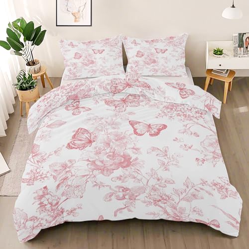 Générique Housse de Couette 200x200 Rose Toile de Jouy, Réversible Parure de Lit Fleurs Papillon, Ensemble de literie Microfibre 3 Pièces avec Fermeture...
