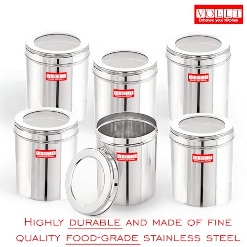 Image of Stainless Steel Food Storage Containers | Air Tight Stainless Steel Containers | Grocery Containers for Kitchen | See-Through Lids | Ubha Dabba | Canisters | Silver (6 Pcs (1 Kg))