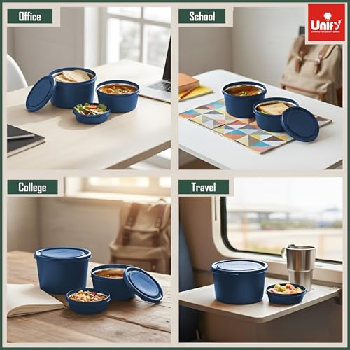 Image of Unify 3 Pieces Stainless Steel Lunch Box | Microwave Safe Leak-Proof Food Storage Containers with Lids for Office, School, Kitchen (Blue, Capacity - 600ml, 400ml, 250ml)