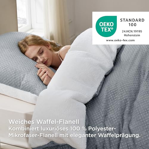 Bedsure Flauschige Bettwäsche 135x200 Grau - Winter Bettbezug Fleece mit 80x80 cm Kissenbezug, Warme -Sets mit Reißverschluss, Kuschel Waffelpique Winterbettwäsche für Einzelbett, 2 Stück