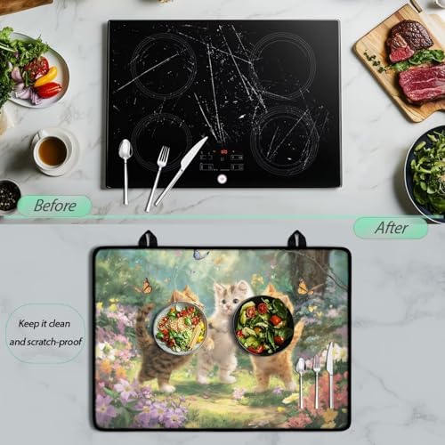 Image of Poceacles Kitchen Decor Glass Stove Cover Stovetop Protector Foldable Electric Stove Top Protector Washer Dryer Top Cover for Home Decor, Cat Floral Green