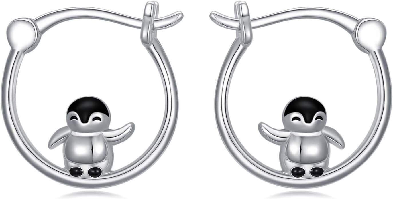 KZX Penguin Earrings for Women 925 Sterling Silver Penguin Hoop Earrings Cute Penguin Animal Jewelry Gift for Women