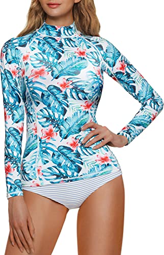 Tsla Women's Upf 50+ Rash Guard Long Sleeve, Uv/Sun Protection Swim Shirts, Water Beach Surf Swim Top, Slim Fit Print Tropical Party, Medium #TOP2