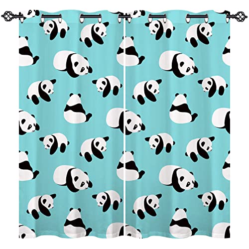 ANHOPE Panda Curtains Grommet Light Filtering Window Drapes Cute Cartoon Animal Panda Bear Print Pattern Decorative Privacy Curtains for Kids Boys Girls Bedroom Living Room 2 Panels 42 x 63 Inch