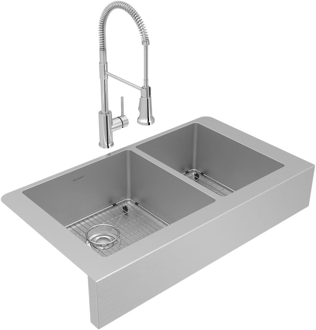 Elkay Crosstown 18 Gauge Stainless Steel 35-7/8" x 20-1/4" x 9" 60/40 Double Bowl Farmhouse Sink & Faucet Kit with Bottom Grid & Drain
