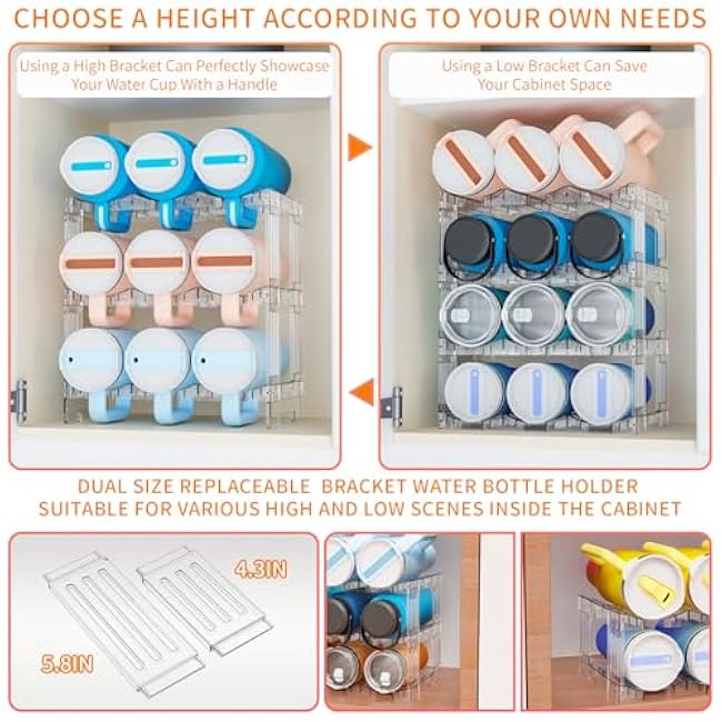 Larger Compartment Stackable Water Bottle Organizer for 40 oz Stanley Cup,Yeti and Other Tumbler Organizer,3 Tier Stanley Cup Holder and Water Bottle Storage Rack for Kitchen Cabinets,Countertop