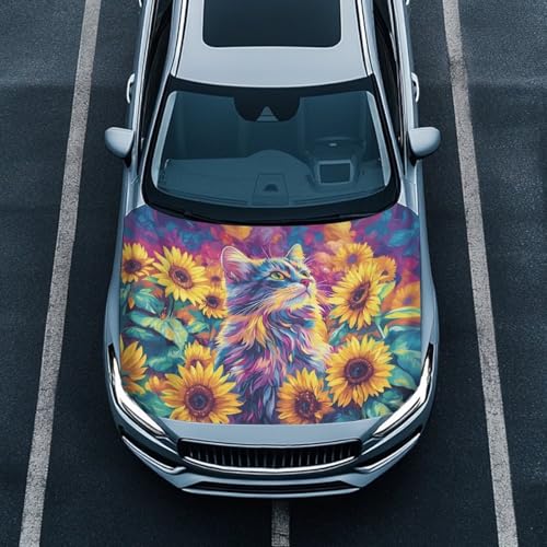Image of Car Hood Cover Protector Soft Stretch Polyester Fabric Cover Cat and Sunflower Vehicles Decorate Engine Fabric Hood Cover All-Season Protection Suitable for Cars