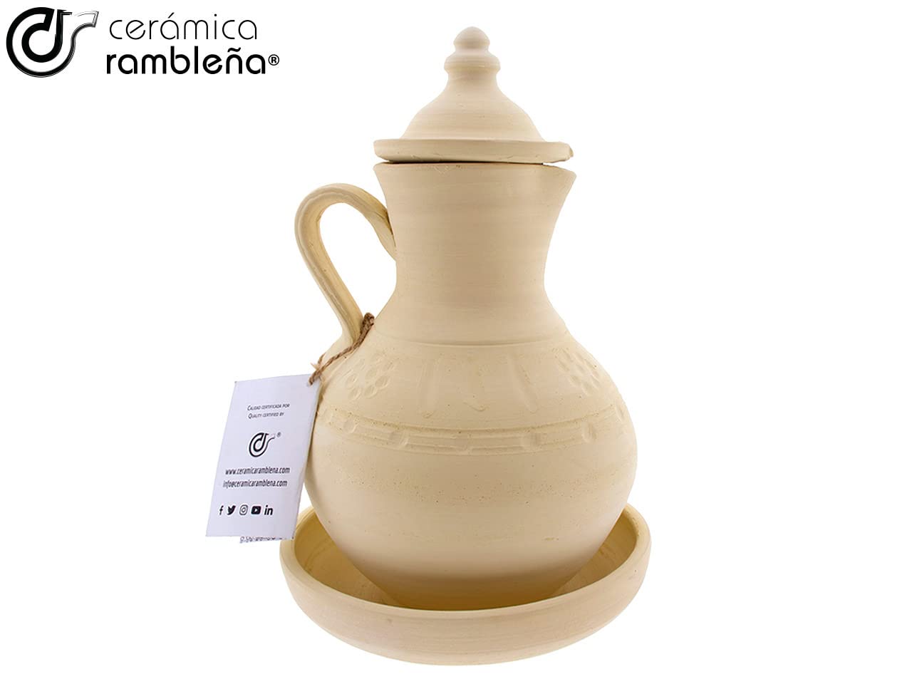 CERÁMICA RAMBLEÑA | Jarro de Agua en Barro Tradicional | Jarra de Agua de La Rambla (Córdoba) | 100% Hecho a Mano | 2.5 litros | Eco | Plato Incluido