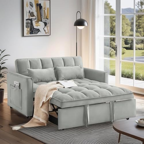 Trygoal Convertible Sofa Bed, Pull Out Sofa Bed with Adjustable Backrest, 3 in 1 Velvet Fabric Loveseat Sleeper Sofa Bed Couch with Side Pockets for Living Room, Bedroom, Apartment, Light Gray