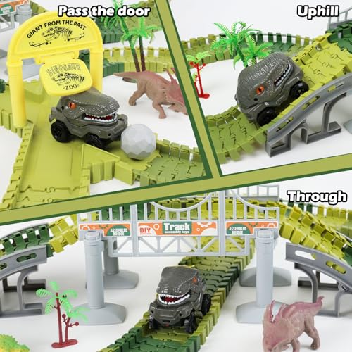 Image of Dinosaur Race Car Track Toys for Kids, Birthday Gifts for 3 4 5 6 7 Year Old Boys Girls, 255+ PCS Dinosaur World Adventure Building Playset with Flexible Track, DIY A Dinosaur World Road Race