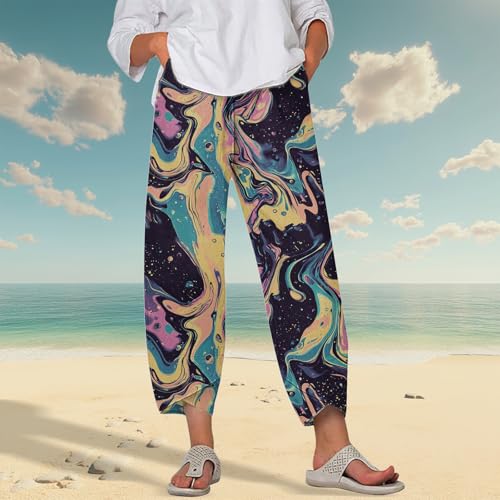 Image of DMOYALA Linen Pants for Women Summer Casual Wide Leg Capri Pants Loose Fit Palazzo Pants Cropped Beach Pants with Pockets