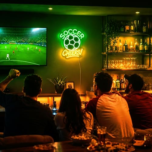 Image of Soccer Cheers LED Neon Sign, Green Ball Wall Light for Sports Bar, Fan Cave, Game Room, Bedroom and Team Room Decor, USB Powered Dimmable Gift for Fans, 13.8 x 13 in