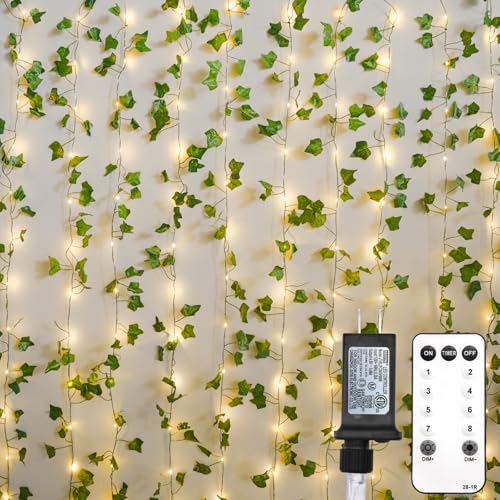 suddus 200 LED Vine with Light Plug in, 6.5ft x 6.5ft Ivy Fairy Curtain Lights with Remote, Leaf Fairy Lights for Wall,Bedroom, Dorm, Wedding, Party, Indoor Decor(Warm White)