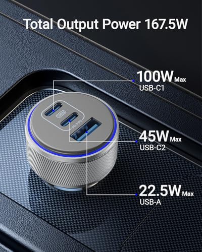 iPhone 16 USB-C Car Charger, 167.5W Max 3-Port Type-C Fast Charging Cigarette Lighter,Charger Adapter for iPhone 16/15/14/13,Samsung S24/S23/S22,Pixel,iPad Air,AirPods,Android