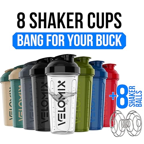 Image of VELOMIX -8 PACK- 28 oz Protein Shaker Bottle for Protein Mixes - 8x Wire Whisk | Leak Proof Shaker Cups for Protein Shakes | Stackable Protein Shaker Bottle Pack | Dishwasher Safe