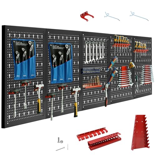 CCLIFE Werkzeugwand Lochwand Inkl.66-Teiligem Metall Werkzeuglochwand Vier Teile 200 x 60 x 2 cm Erweiterbar Zubehör Wandregal Werkzeugaufbewahrung Schwarz