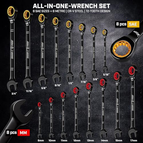 ironcube Ratcheting Wrench Set 16 Piece - Metric and Standard - Black Combination Ratchet Wrenches - Including Wax Canva Bag - LIFETIME SUPPORT