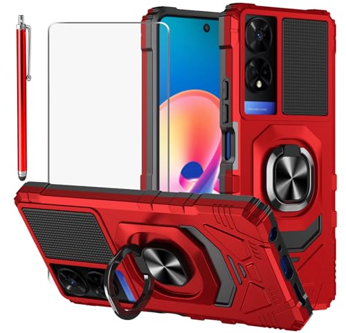 for TCL 50 SE Case, with Tempered Glass Screen Protector Heavy Duty Protection Technology Built-in Kickstand Rugged Shockproof Protective Phone Case for TCL 50 SE,(Red)