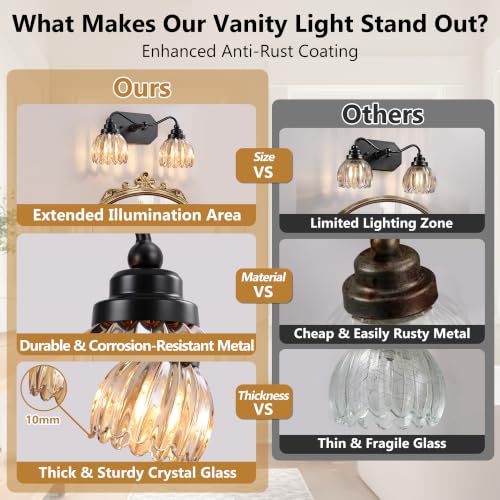 Image of Vintage Vanity Lights, 2‑Light Antique Matte Black Finish | Amber Tulip Crystal Bathroom Light Fixtures, Mid‑Century Style, Bathroom Lighting Over Mirror for Bedroom, Easy to Install