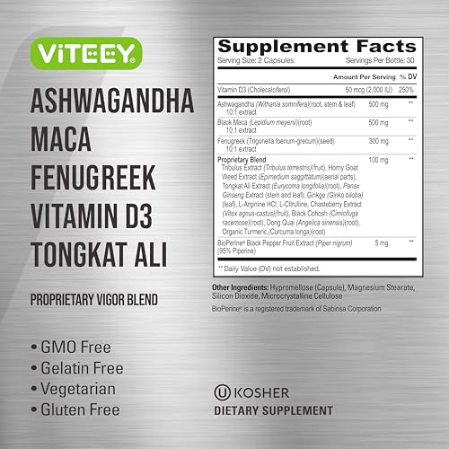 Viteey Ashwagandha Maca Fenugreek Supplement with Tongkat Ali – Drive, Passion & Energy Support for Men & Women – Mood, Calm & Stress Support - 60 Capsules - Image 5