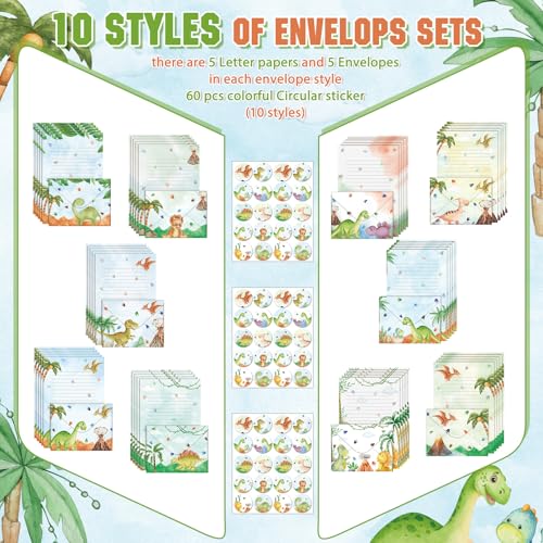 Image of TaoBary 160 Pcs Watercolor Dinosaur Stationery Paper and Envelopes Set 50 Double Sided Lined Stationery Paper & 50 Matching Envelopes and 60 Round Dot Sticker 5.5 x 8.25'' Letter Writing Kit, 10design