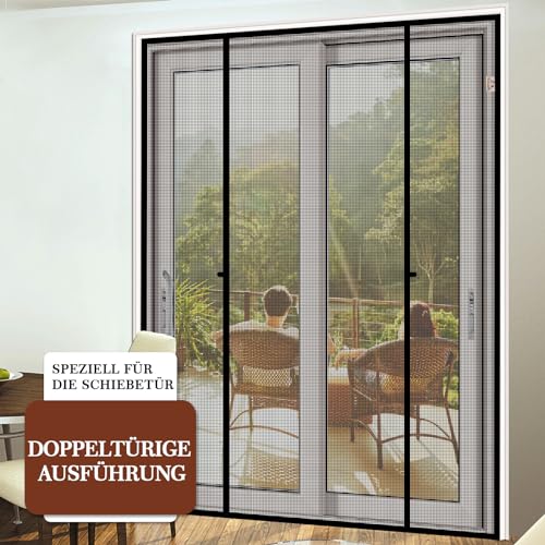 Yotache 160x230cm Fliegengitter Doppeltür Ohne Bohren, Insektenschutz für Schiebetür Balkontür, Reißfest, Fokussierte Magnete für Schnelleren Verschluss, Schwarz-Türrahmenmaße