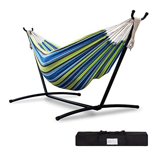 Sibosen Double Hammock with Space Saving Steel Stand, 9.5 FT Portable Indoor Outdoor Hammock for 2-Person Brazilian-Style Cotton Hammock Bed with 450 LB Load Capacity, Blue/Green Stripe