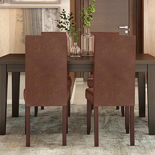Simplihome Acadian Parson Dining Chair (Set Of 2), Distressed Saddle Brown Faux Leather And Solid Wood, Square, Upholstered, For The Dining Room, Transitional Modern #TOP1