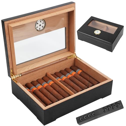Caja de puros, humidor de puros, caja de puros clásica, madera de cedro español, con varilla humectante e higrómetro, regalo de cumpleaños y hombre, accesorios para puros (20-50 puros) (negro)
