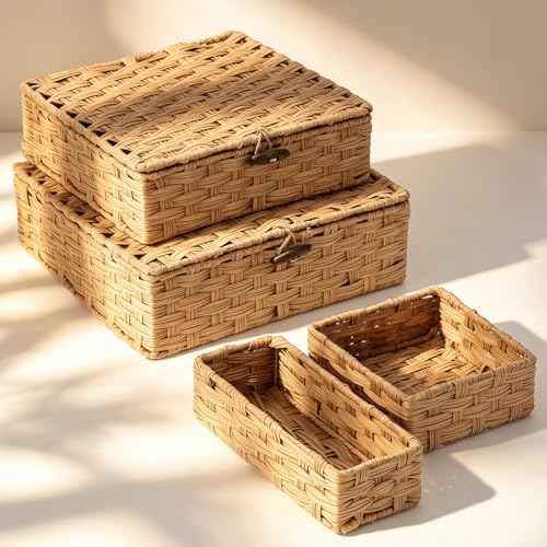 Newtay Set of 4 Woven Wicker Storage Baskets with Lids,