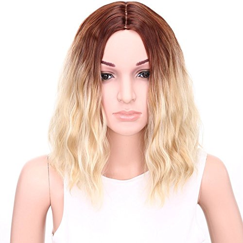Black/Blond Two Tone Ombre Natural Curl Synthetic Lace Front Wigs Black Gold Wig With Dark Roots Heat Resistant Fiber (13", black/blond)
