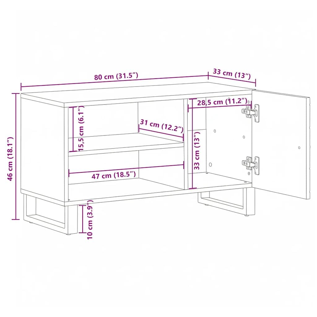 TV-Schrank 80x33x46 cm Massivholz Mango mit Metallfüßen, Lowboard Sideboard HiFi Rack für Wohnzimmer Heimkino, Stauraum für DVD Blu Ray CD Vinyl und Gaming Zubehör