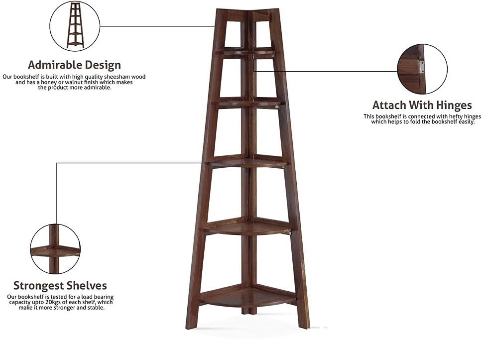 Image of Solid Sheesham Wooden Corner Bookshelf for Living Room Floor Standing Corner Book Shelf 5 Tier Ladder Cabinet Corner Shelf for Home Decor|Bookshelf for Home | Rosewood, Walnut