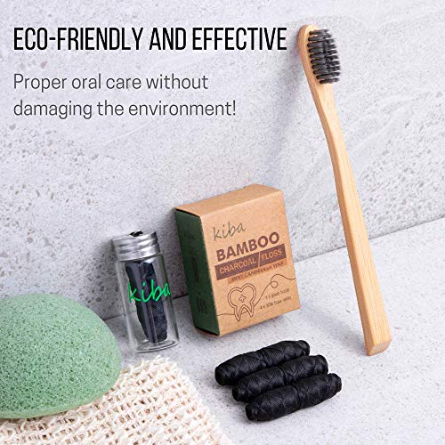 Kiba Bamboo Charcoal Floss W/ Reusable Floss Container 5 Pc Kit (1 Glass Floss Container + 4X30M Dental Floss Refills) - Eco Friendly Floss W/ Candelilla Wax - Mint - Vegan #TOP5