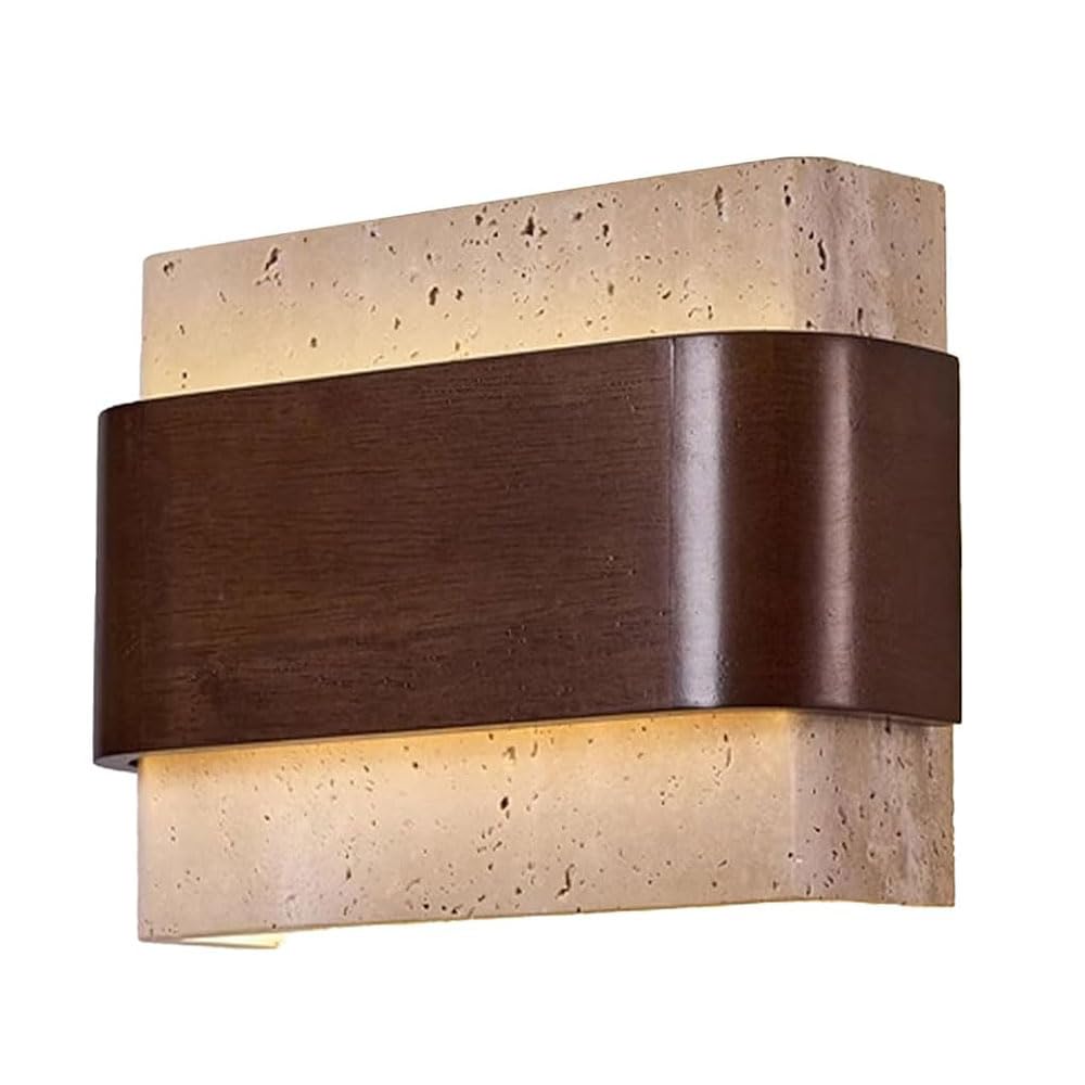 JISHUBO Rectangular Yellow Travertine Wall Sconce, Industrial Style Wood Wall Light, LED Light Source Natural Stone Wall Lamp, Living Room Corridor Bedroom Wall Mounted Lighting Fixtures