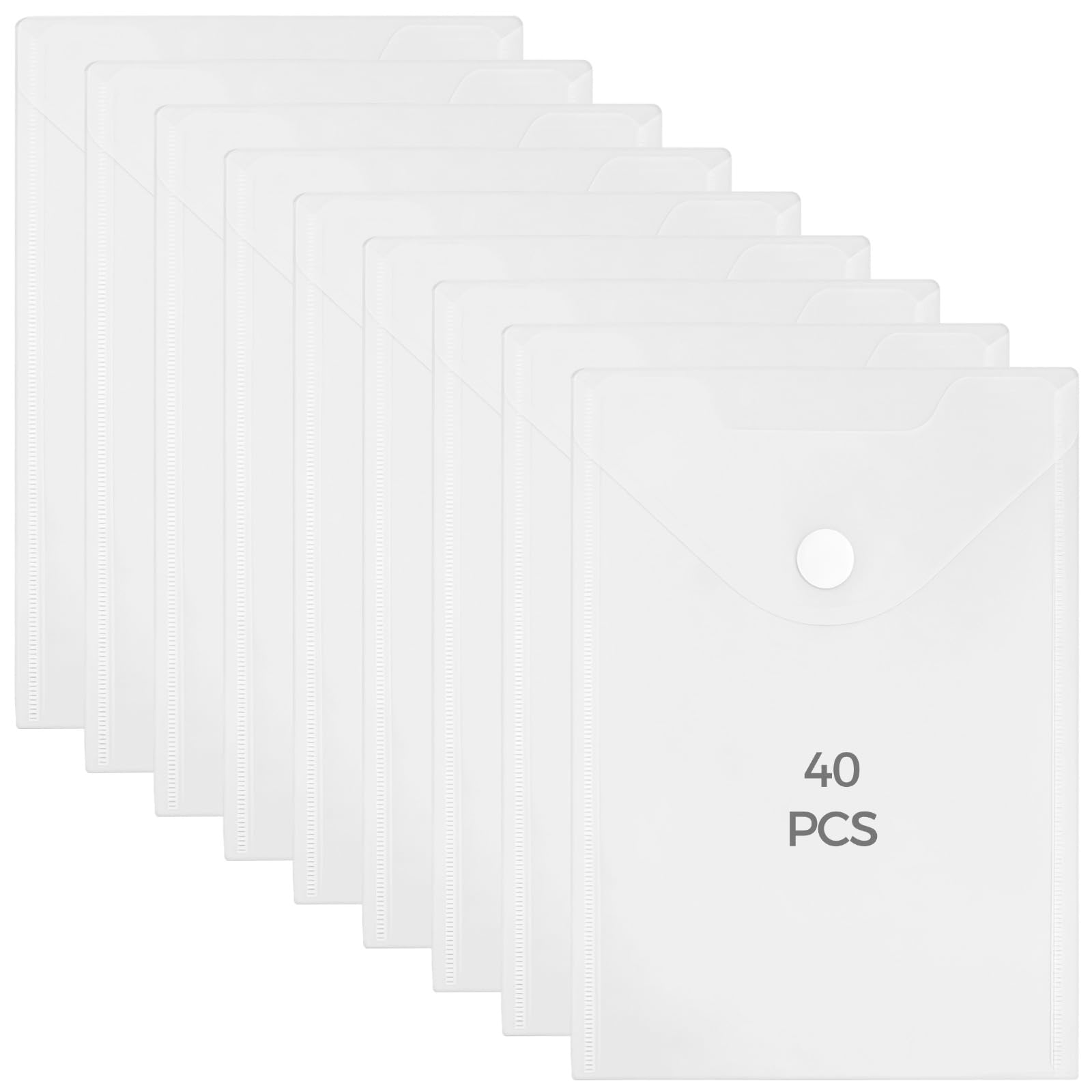 40 buste portadocumenti trasparenti satinate con chiusura a bottone a pressione, resistenti agli strappi, riutilizzabili, per scuola, ufficio, casa, 25 x 18 cm