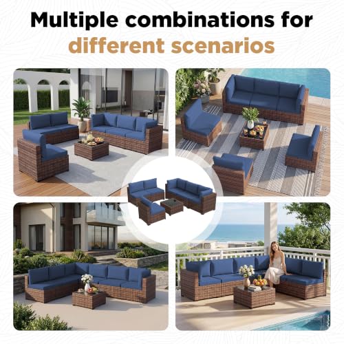 Image of LHBcraft 7 Pieces Outdoor Wicker Rattan Patio Furniture, Outdoor Sectional Set Patio Sofa with Coffee Table & Blue Cushions for Garden