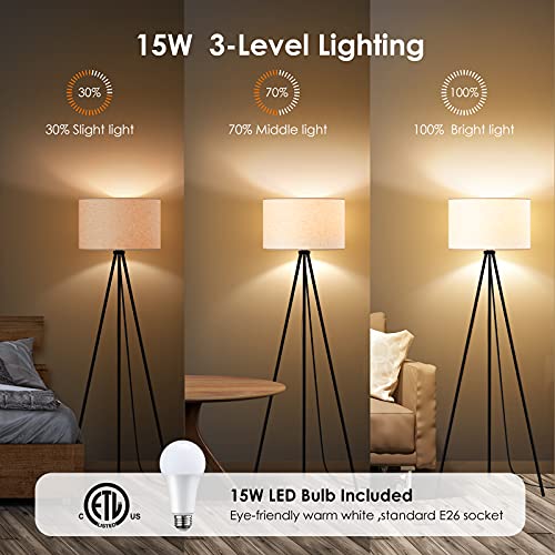 Boostarea Floor Lamp For Living Room, Tripod Floor Lamp, 15W Led Bulb, 3 Levels Dimmable Brightness, Linen Lamp Shade, Mid Century Standing Lamp For Living Room, Bedroom, Study Room And Office #TOP2