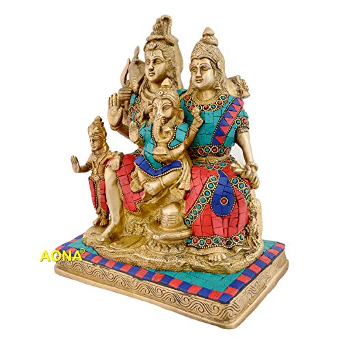 Image of AONA Brass Shiva Parvati Shiv Parivar Bholenath Shankar Bhagwan Ganesh Family Murti Idol Statue Sculpture Multicolor Home Decor Height 10 Inches