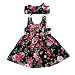 GRNSHTS Baby Girls Flower Print Buttons Ruffles Dress with Headband (80 cm / 6-12 Months, Black)